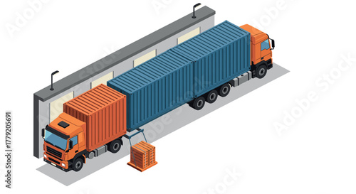 Isometric freight truck operations at loading dock with containers