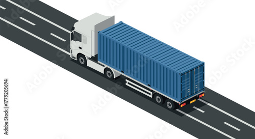 Isometric freight truck on highway with container for logistic and transportation themes