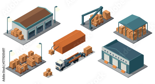 Isometric warehouse and logistics scene with cargo and transport elements