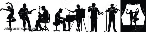 erforming arts, music, dance, painting, silhouette illustration, black and white, vector style, CAD drawing, creative people, artistic expression