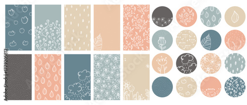Social media stories templates. Abstract shapes and floral hand drawn elements. Vertical background template. Highlight cover set