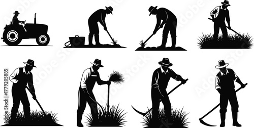 Farmer silhouette, agriculture activity, traditional farming tools, rural labor, crop harvesting, tractor driving, hoeing, scythe cutting, cad drawing flat vector illustration