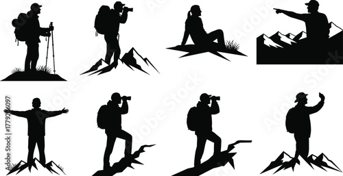 Hiking silhouette, mountain adventure, trekking vector, outdoor exploration, backpack travel, nature journey, wilderness scene, cad drawing flat vector illustration