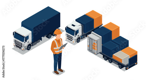 Isometric logistics worker with freight trucks and shipping containers