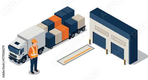 Isometric logistics scene with truck and shipping containers near warehouse