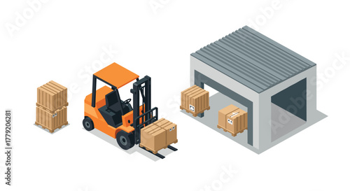 Isometric forklift unloading boxes at warehouse with pallets and packaging