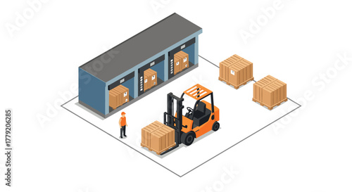 Warehouse logistics and distribution with forklift and cargo in isometric style