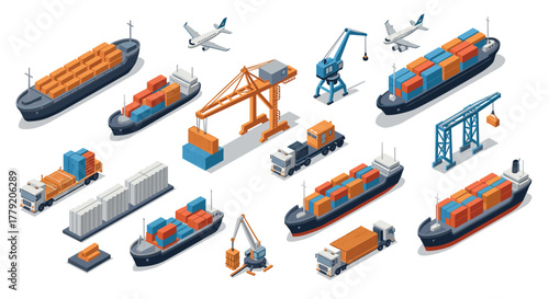 Diverse shipping and logistic elements in isometric style featuring cargo ships, cranes, and trucks