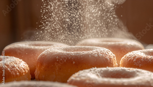 ultra-realistic powdered sugar falling on freshly baked donuts with warm cozy lighting