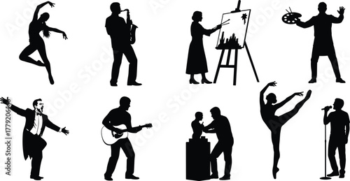 performing arts, music, dance, painting, DJ, singer, guitarist, actor, ballet, silhouette people, black white vector, cad drawing flat vector illustration