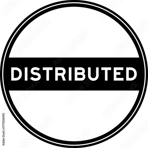 Black color round seal sticker in word distributed on white background