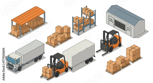 Isometric warehouse logistics set with forklift, truck, and cargo