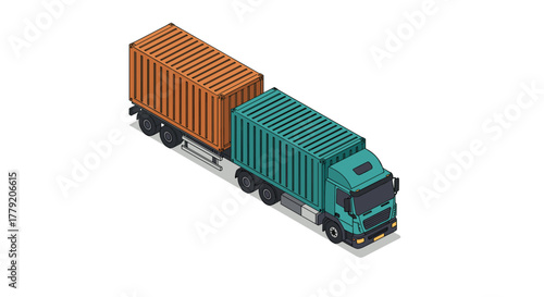 Isometric cargo truck with containers on white background