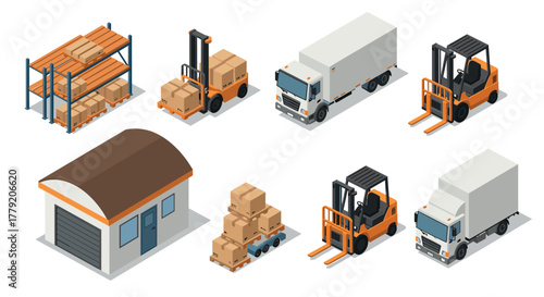 Isometric warehouse elements trucks, forklifts, pallets, and loading dock