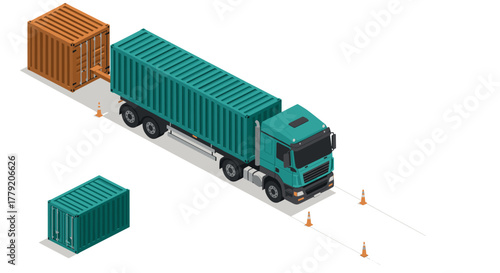 Isometric cargo truck with containers and traffic cones on white background