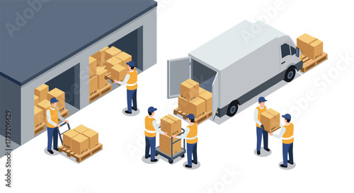 Warehouse logistics isometric workers loading and unloading packages for delivery