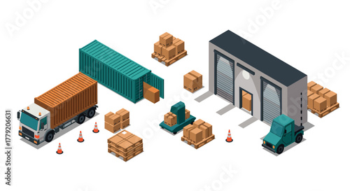 Isometric warehouse scene with boxes, trucks, and cargo containers