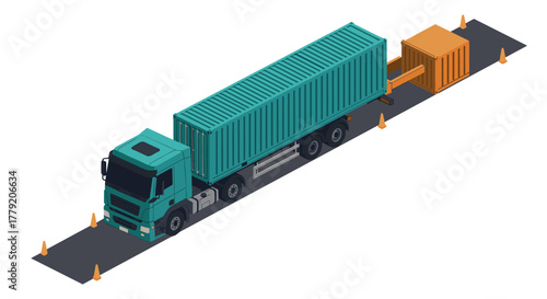 Isometric cargo truck loading on a road with traffic cones