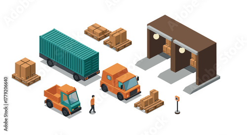 Isometric logistics and delivery scene with trucks and packages at warehouse