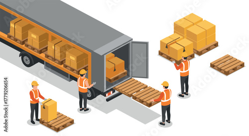 Isometric warehouse operations workers loading cargo onto a delivery truck