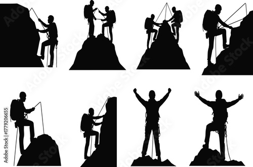 Rock climbing, silhouette, climber, rope, harness, mountain, adventure, teamwork, ascent, peak, outdoor, gear, pose, vector, CAD, drawing, flat, illustration, white background, black figure