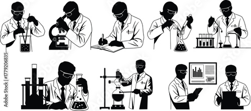 Scientists working in laboratory, conducting experiments, using lab equipment, analyzing data, chemical research, microscope, pipette, teamwork, cad drawing flat vector illustration