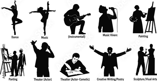 Silhouette icons of dance, music, painting, theater, sculpture, poetry, artistic expression, creative arts, performance, cad drawing flat vector illustration