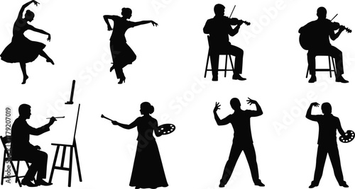 Silhouette, dancer, musician, painter, artist, performing arts, creative people, black figure, expressive pose, vector art, cad drawing, flat illustration, artistic activity, cultural expression, pain