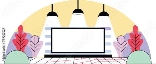 Presentation Stage Illustration Modern Design with Lights and Plants for Events and Conferences