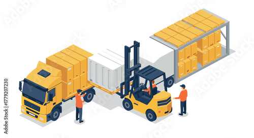 Isometric warehouse logistics scene with trucks and forklift loading containers