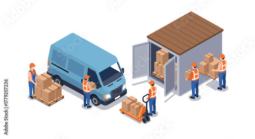 Isometric warehouse logistics with workers, van, and packages