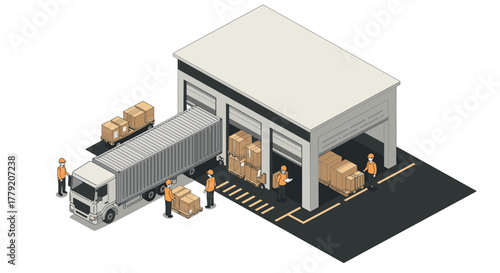 Efficient warehouse loading with workers and trucks in isometric style
