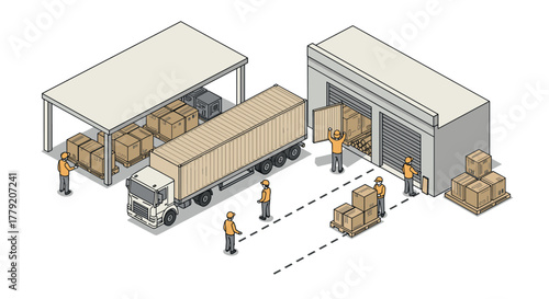 Warehouse logistics with workers loading and unloading goods in isometric style