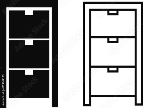 Cabinet vector icon set, office furniture, drawer storage, archive box, and file organizer collection, cupboard and filing cabinet group in black, flat, and line style vector illustration