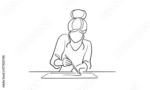 Woman girl paints with brush, continious line drawing. Artist, painter outline. Vector illustration