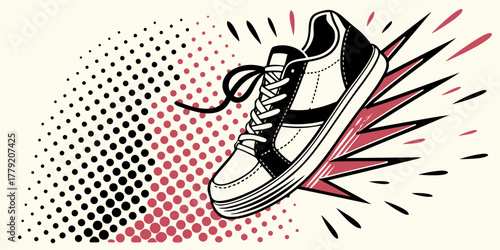 Stylish retro sneaker moving at high speed, depicted in a pop art graphic illustration with halftone pattern