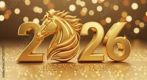 Golden 2026 new year celebration with zodiac horse and bokeh glow.