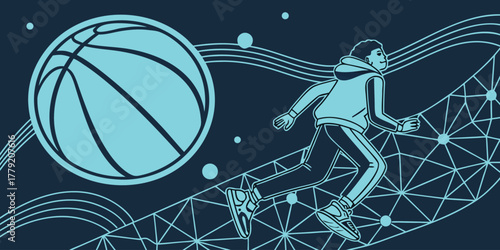 Futuristic basketball player in dynamic motion on a digital network, a modern concept of virtual sports and active youth lifestyle