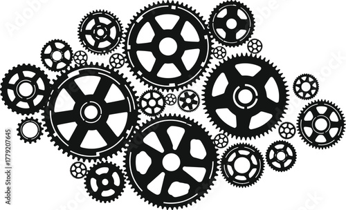 Mechanical gear silhouette vector—interlocking gears, black industrial design, engineering motion concept, minimal technical illustration for STEM themes