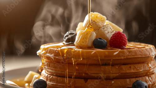 ultra-realistic maple syrup pouring over golden waffles with butter and berries, cinematic breakfast food photography