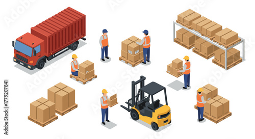 Isometric warehouse scene with workers, forklift and shipping boxes