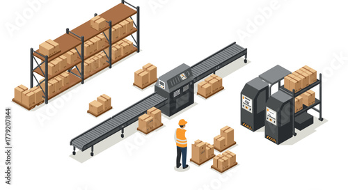Isometric warehouse automation scene with conveyor and worker