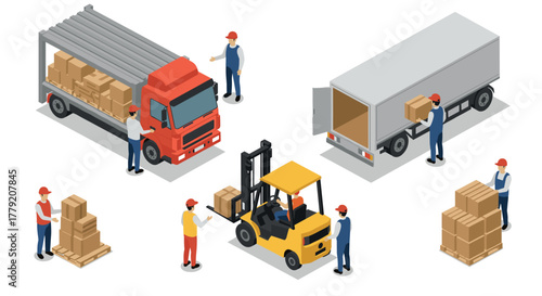 Isometric warehouse logistics with workers, trucks, and forklift in action
