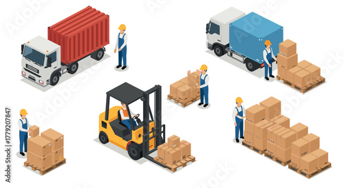Isometric warehouse and logistics scene with trucks and workers