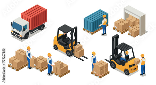 Isometric warehouse logistics scene with forklifts, workers, and shipping containers