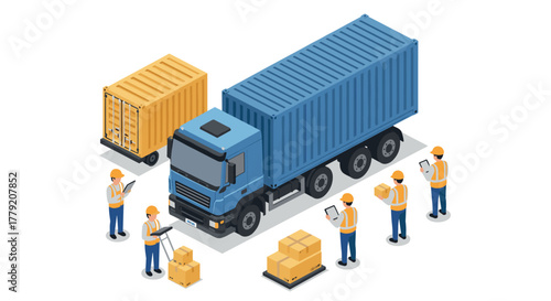 Isometric cargo transport with workers and shipping containers