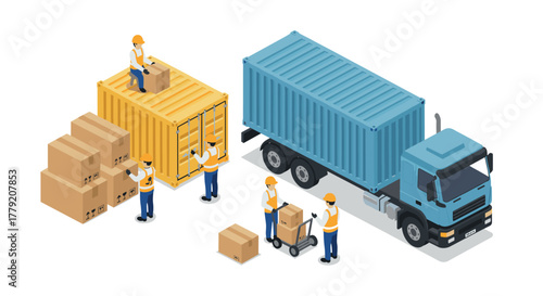 Modern isometric logistics scene featuring workers and shipping containers