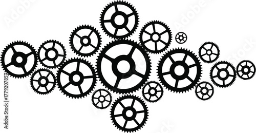 Interlocking gear silhouette vector—mechanical wheels, spoke hubs, industrial motion pattern, engineering concept for STEM and machinery themes