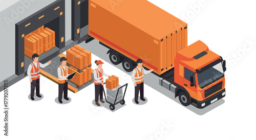 Logistics team unloading packages from truck in modern warehouse setting