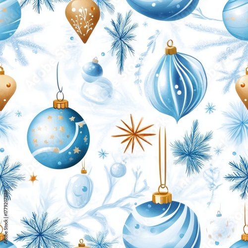 Festive christmas ornaments and snowflakes with pine foliage in watercolor style